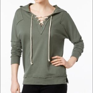 COTTON ON LACE UP V NECK HOODIE PULLOVER SWEATER